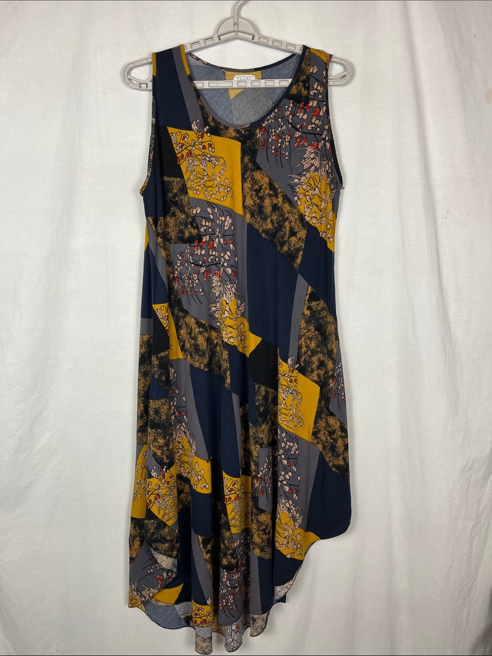 Tamsy Blue and Yellow Floral Patchwork Viscose Midi Dress